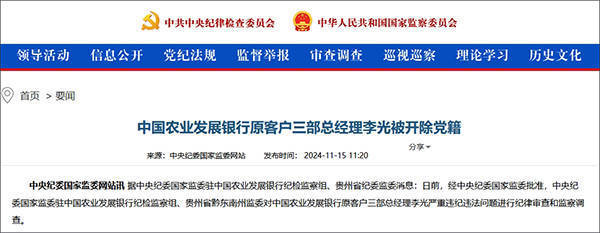 与他人长期保持不正当性关系，中国农业发展银行原客户三部总经理李光被开除党籍